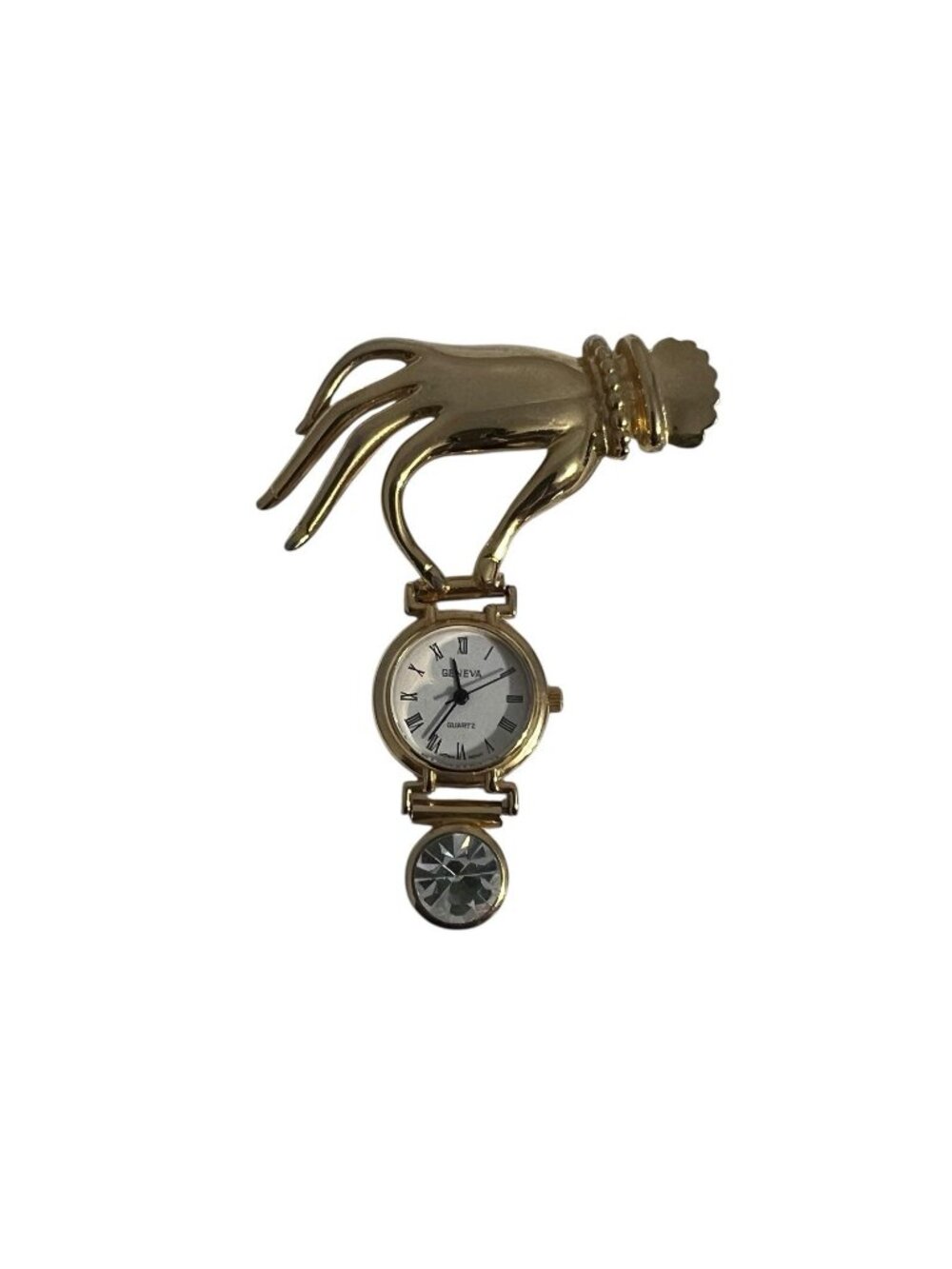 Geneva Vintage Hand Brooch Watch Gold Tone Quartz Rhinestone Dangle READ